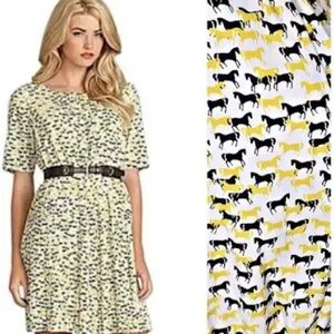 Cremiex Horse Equestrian Print Pleated Dark Navy Yellow Gold Dress